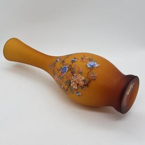 Italian Amber White Cased Applied Floral Butterfly Art Glass Vase